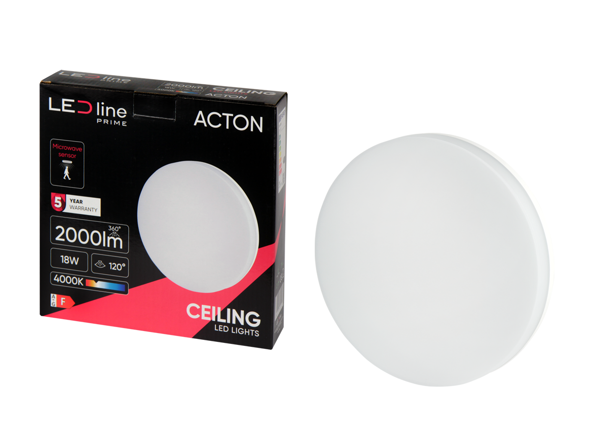 Plafonlamp ACTON 4000K 18W 2000lm rond IP54 wit PRIME bewegingssensor