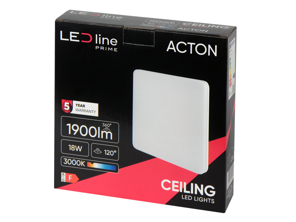 Plafonlamp ACTON 3000K 18W 1900lm vierkant IP54 wit PRIME