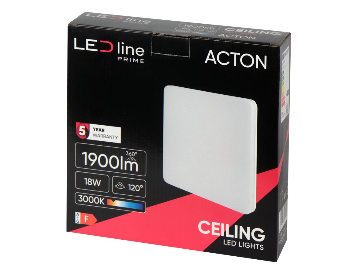 Plafonlamp ACTON 3000K 18W 1900lm vierkant IP54 wit PRIME