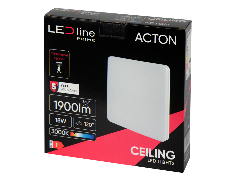 Plafonlamp ACTON 3000K 18W 1900lm vierkant IP54 wit PRIME bewegingssensor