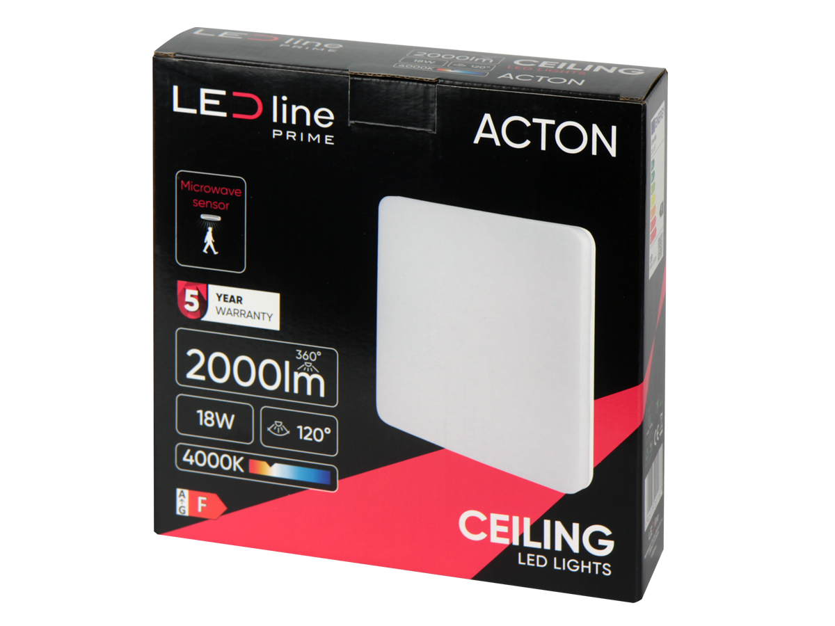 Plafonlamp ACTON 4000K 18W 2000lm vierkant IP54 wit PRIME bewegingssensor
