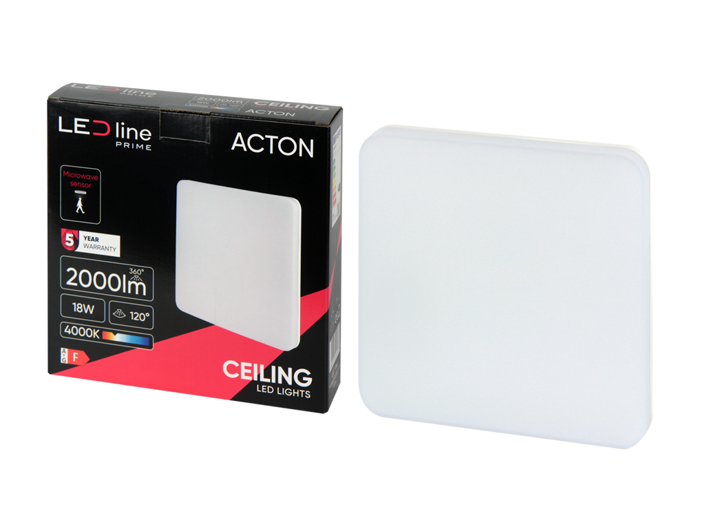 Plafonlamp ACTON 4000K 18W 2000lm vierkant IP54 wit PRIME bewegingssensor