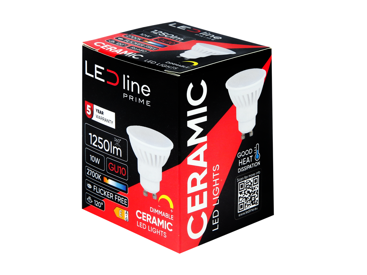 LED-lamp GU10 2700K 10W 1250lm 230V 120 ° DIM Keramiek PRIME