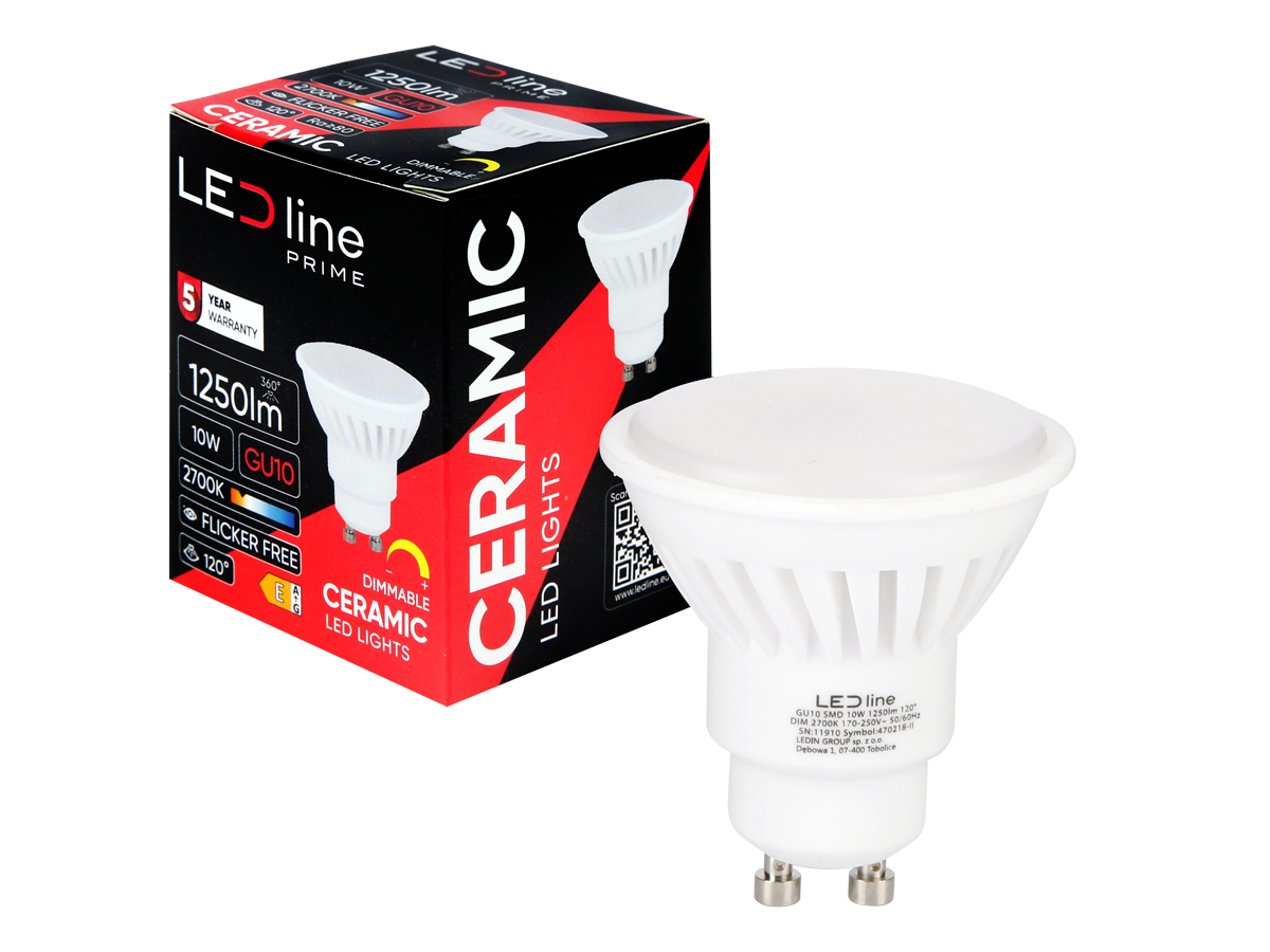LED-lamp GU10 2700K 10W 1250lm 230V 120 ° DIM Keramiek PRIME
