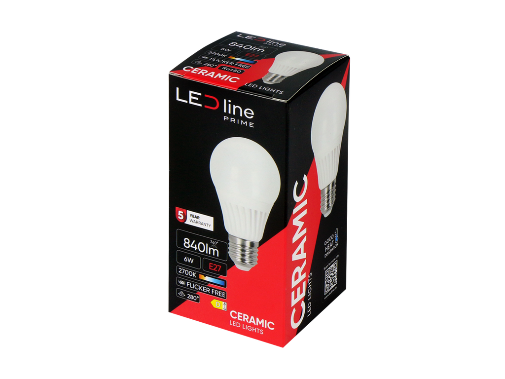 LED-lamp E27 2700K 6W 840lm 230V 280° A60 Keramiek PRIME