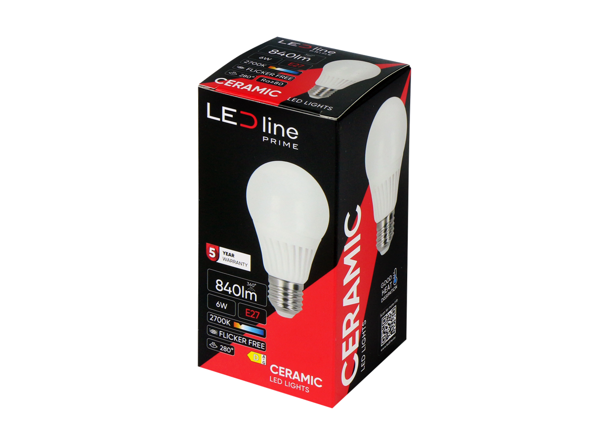 LED-lamp E27 2700K 6W 840lm 230V 280° A60 Keramiek PRIME