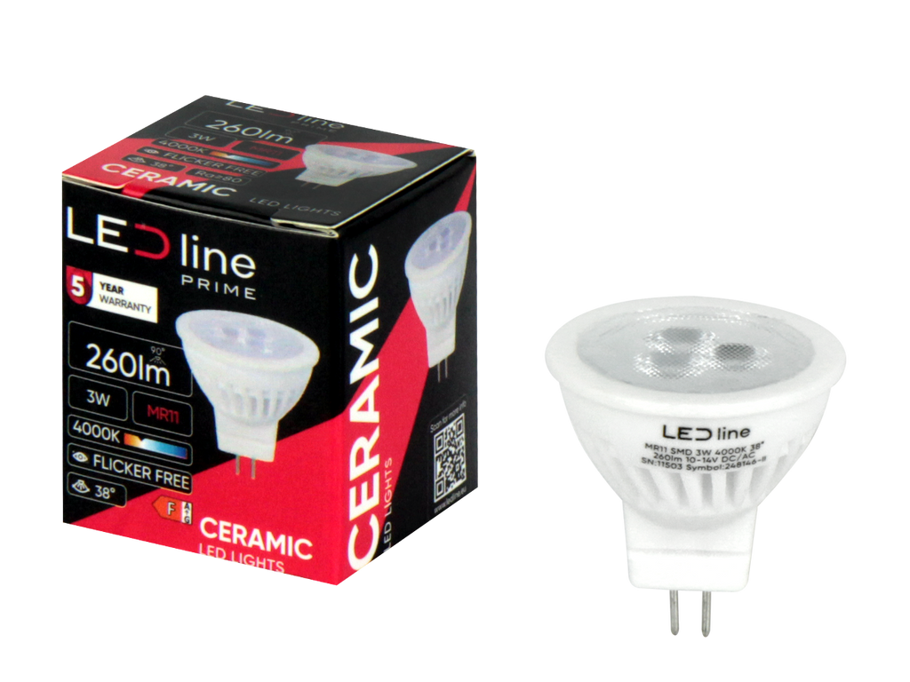 LED-lamp MR11 4000K 3W 330lm 10-14V AC/DC 38° GU5.3 Keramiek PRIME