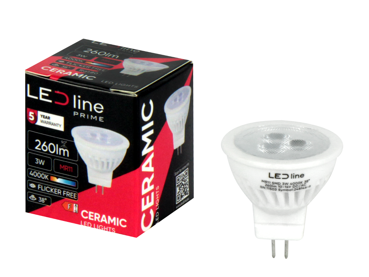 LED-lamp MR11 4000K 3W 330lm 10-14V AC/DC 38° GU5.3 Keramiek PRIME