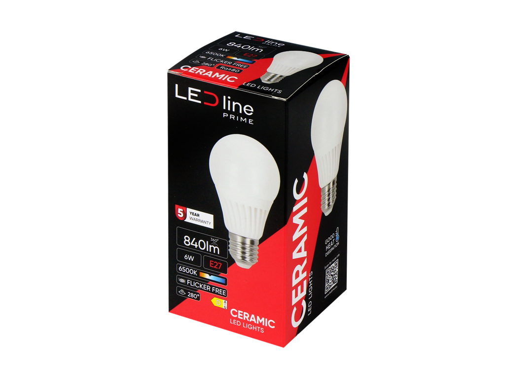 LED-lamp E27 6500K 6W 840lm 230V 280° A60 Keramiek PRIME
