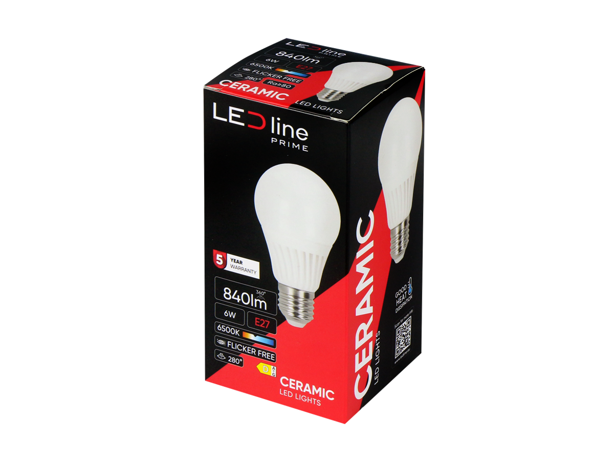 LED-lamp E27 6500K 6W 840lm 230V 280° A60 Keramiek PRIME