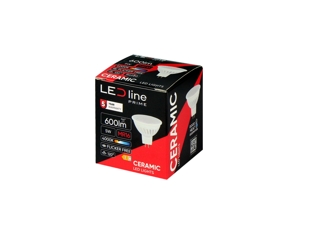 LED-lamp MR16 4000K 5W 600lm 10-18V AC/DC 120 ° GU5.3 PRIME Keramiek