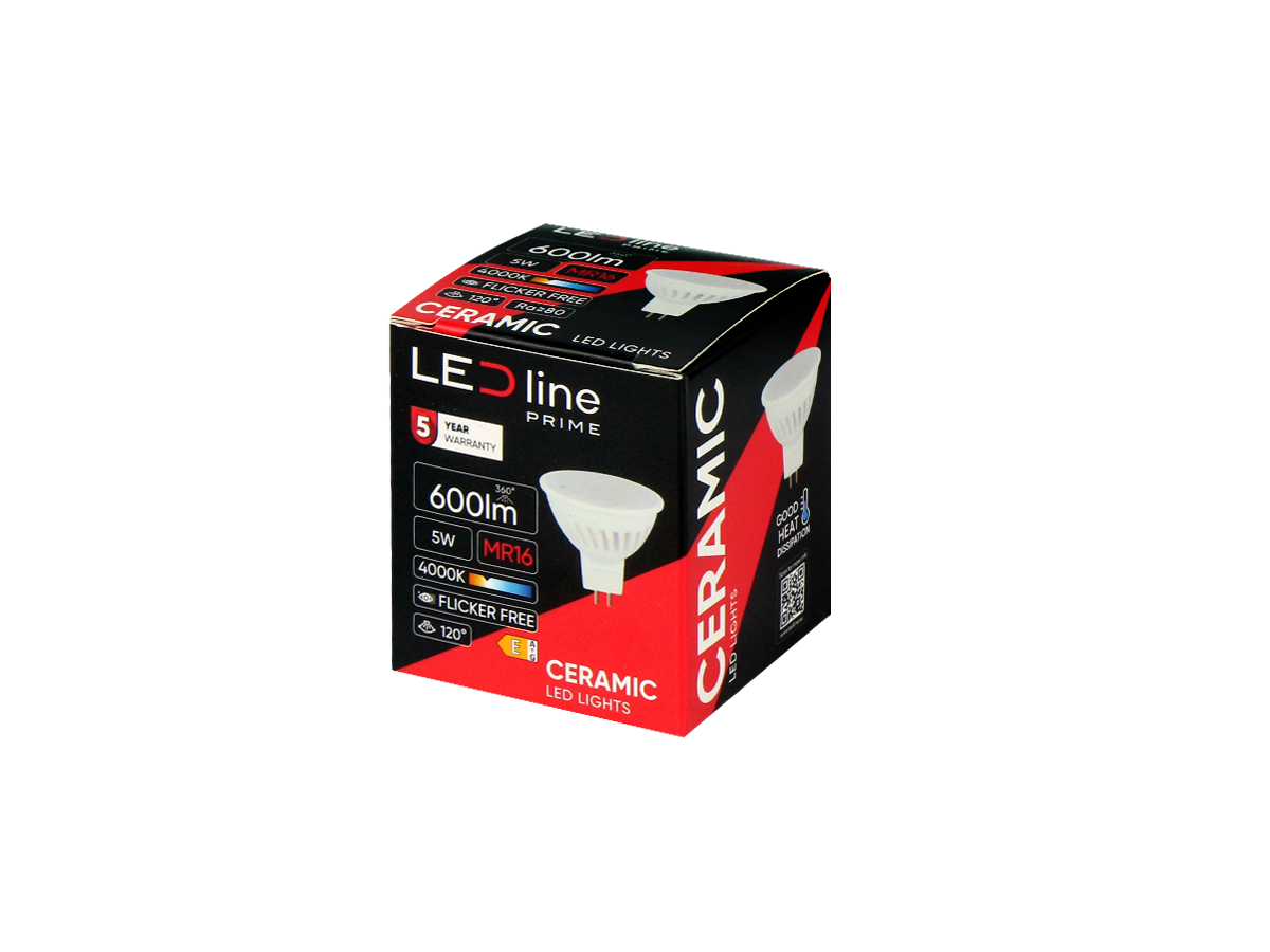 LED-lamp MR16 4000K 5W 600lm 10-18V AC/DC 120 ° GU5.3 PRIME Keramiek