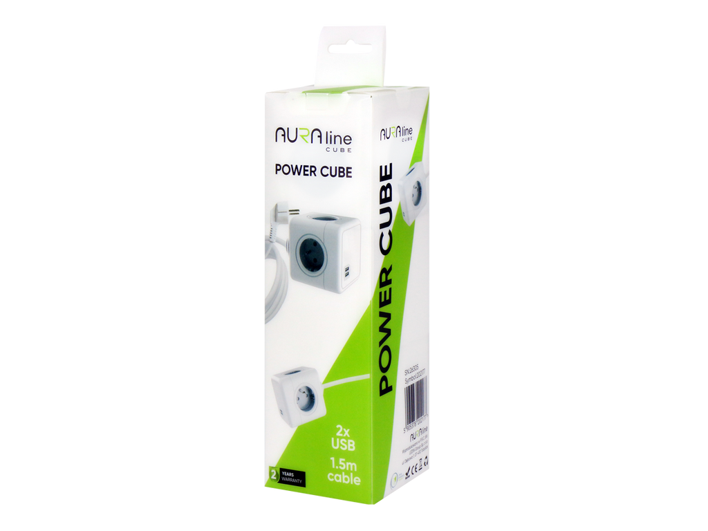 Verlengsnoer CUBE 4 stopcontacten + 2xUSB (2,1A) 1,5m 16A/3680W AURA line