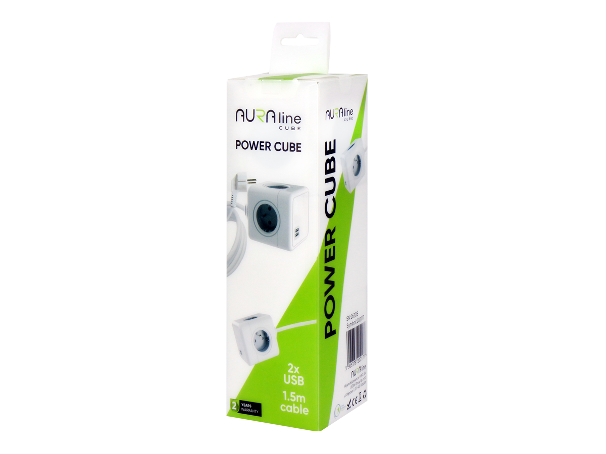 Verlengsnoer CUBE 4 stopcontacten + 2xUSB (2,1A) 1,5m 16A/3680W AURA line