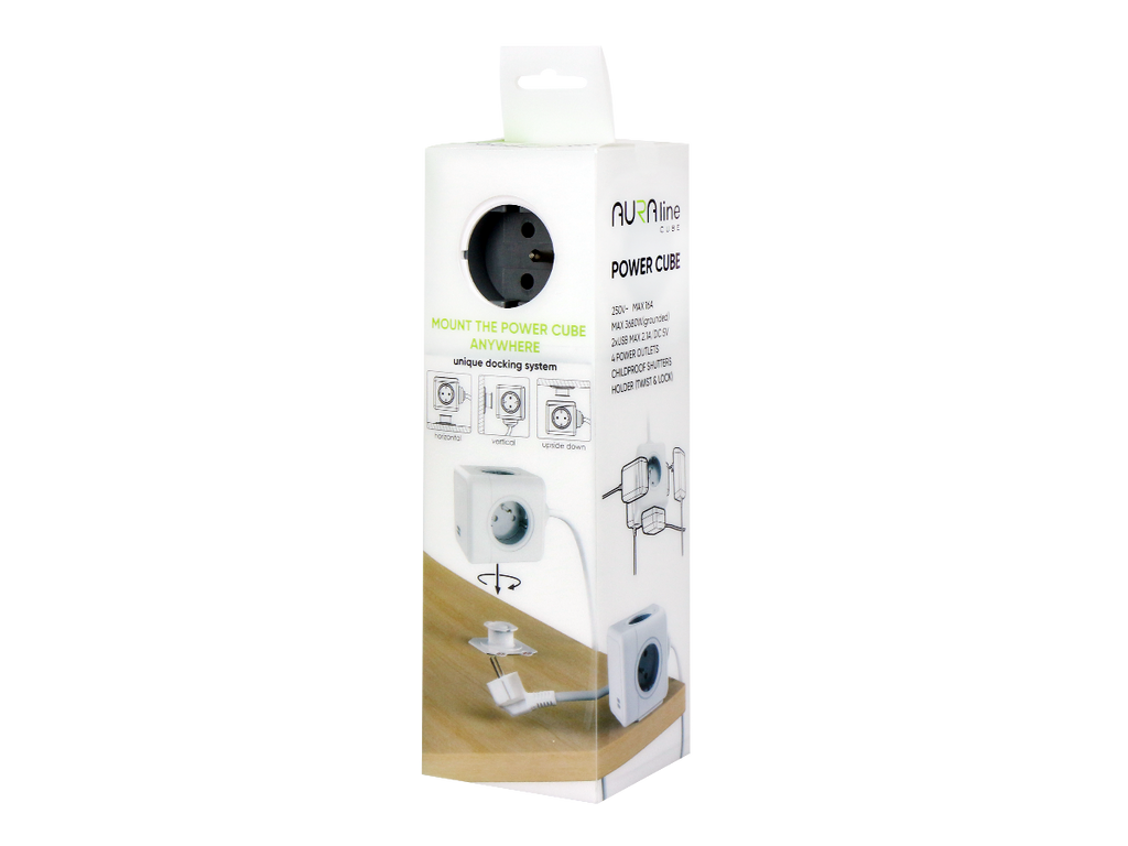 Verlengsnoer CUBE 4 stopcontacten + 2xUSB (2,1A) 1,5m 16A/3680W AURA line