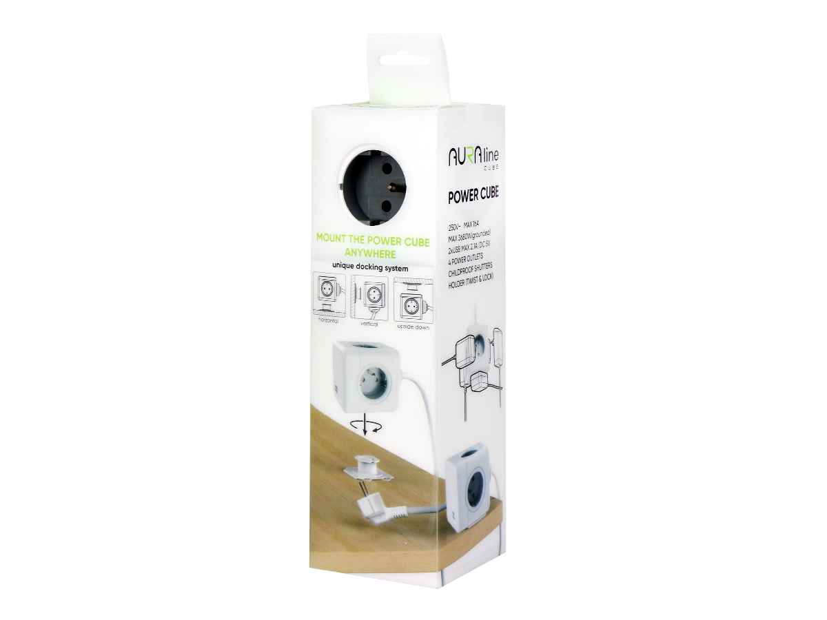 Verlengsnoer CUBE 4 stopcontacten + 2xUSB (2,1A) 1,5m 16A/3680W AURA line