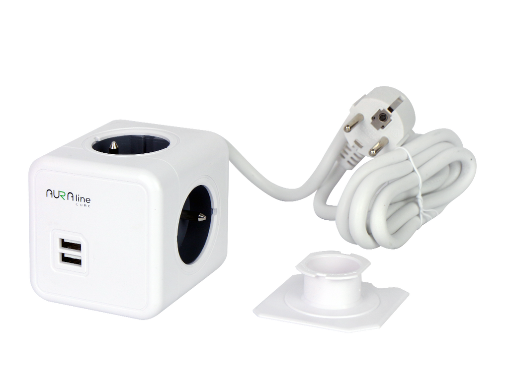Verlengsnoer CUBE 4 stopcontacten + 2xUSB (2,1A) 1,5m 16A/3680W AURA line