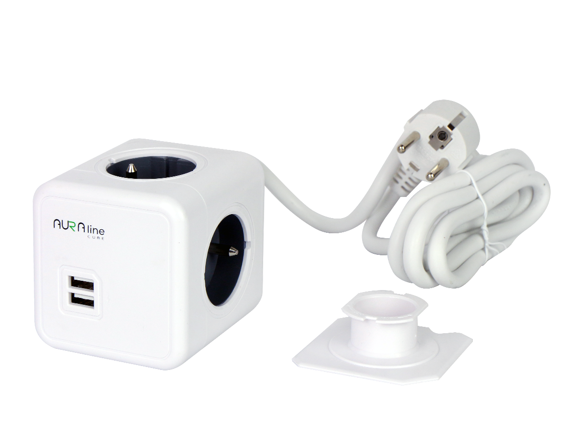 Verlengsnoer CUBE 4 stopcontacten + 2xUSB (2,1A) 1,5m 16A/3680W Schuko AURA line
