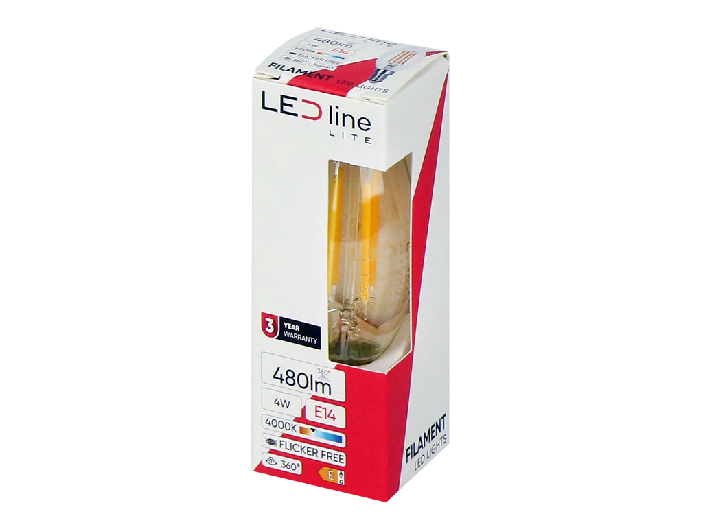 LED-lamp E14 4000K 4W 480lm 230V 360 ° FILAMENT C35 LITE Glas