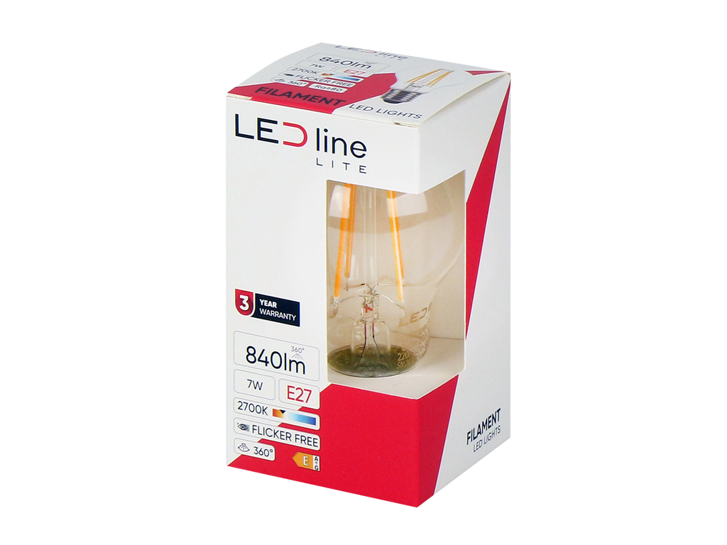 LED-lamp E27 2700K 7W 840lm 230V 360° FILAMENT A60 Glas LITE
