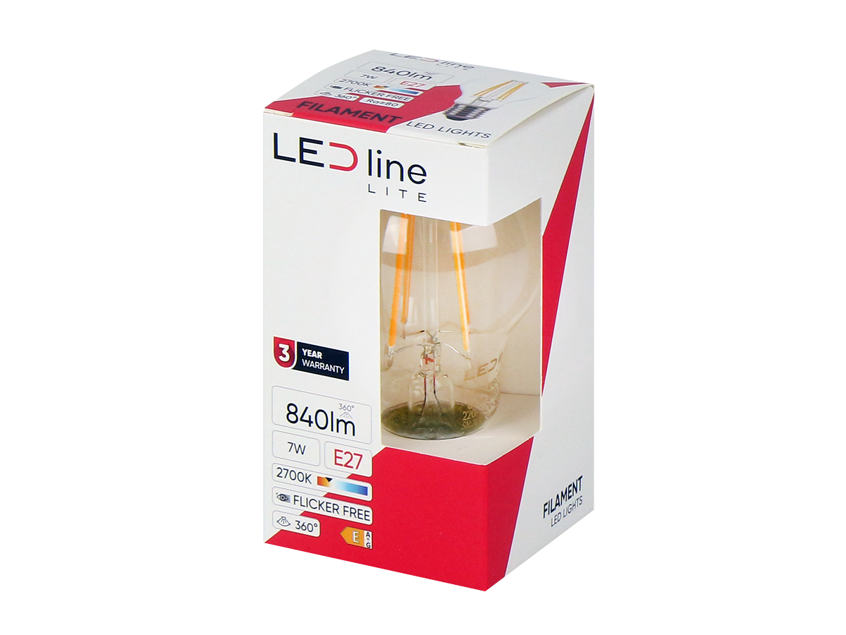 LED-lamp E27 2700K 7W 840lm 230V 360° FILAMENT A60 Glas LITE