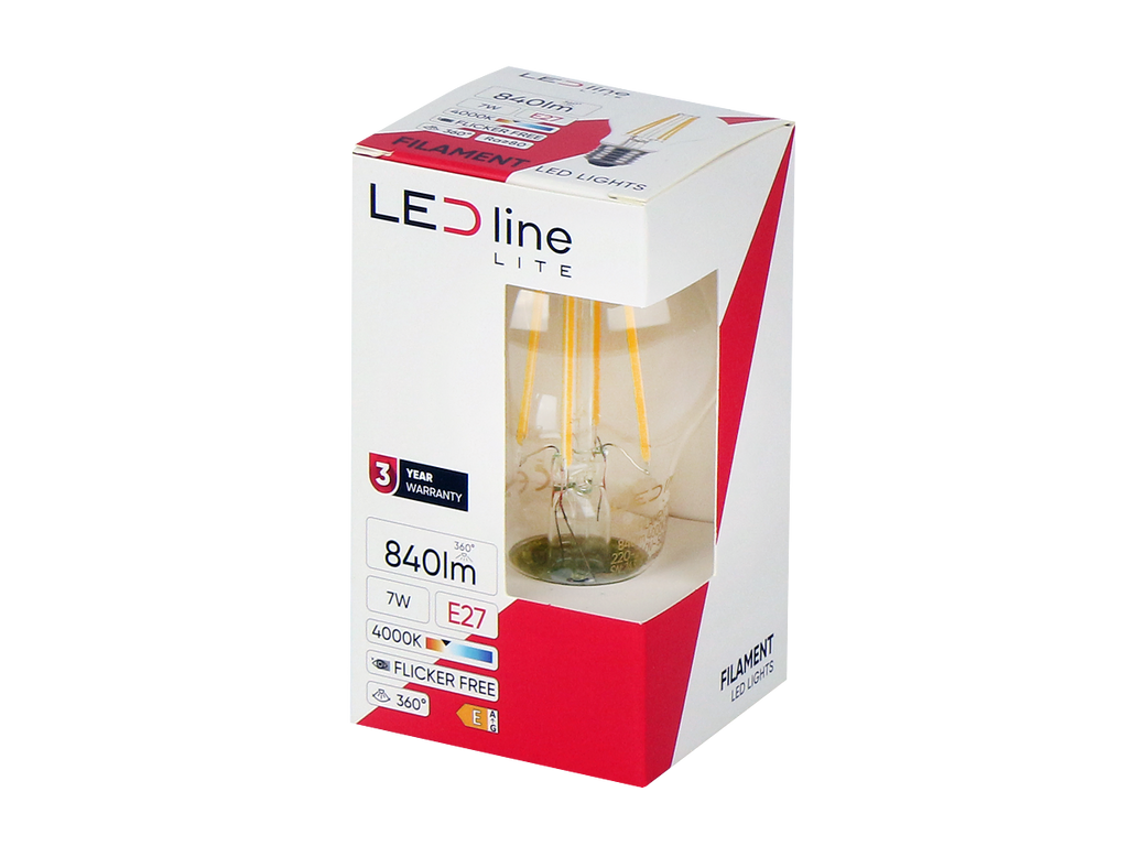 LED-lamp E27 4000K 7W 840lm 230V 360° FILAMENT A60 Glas LITE