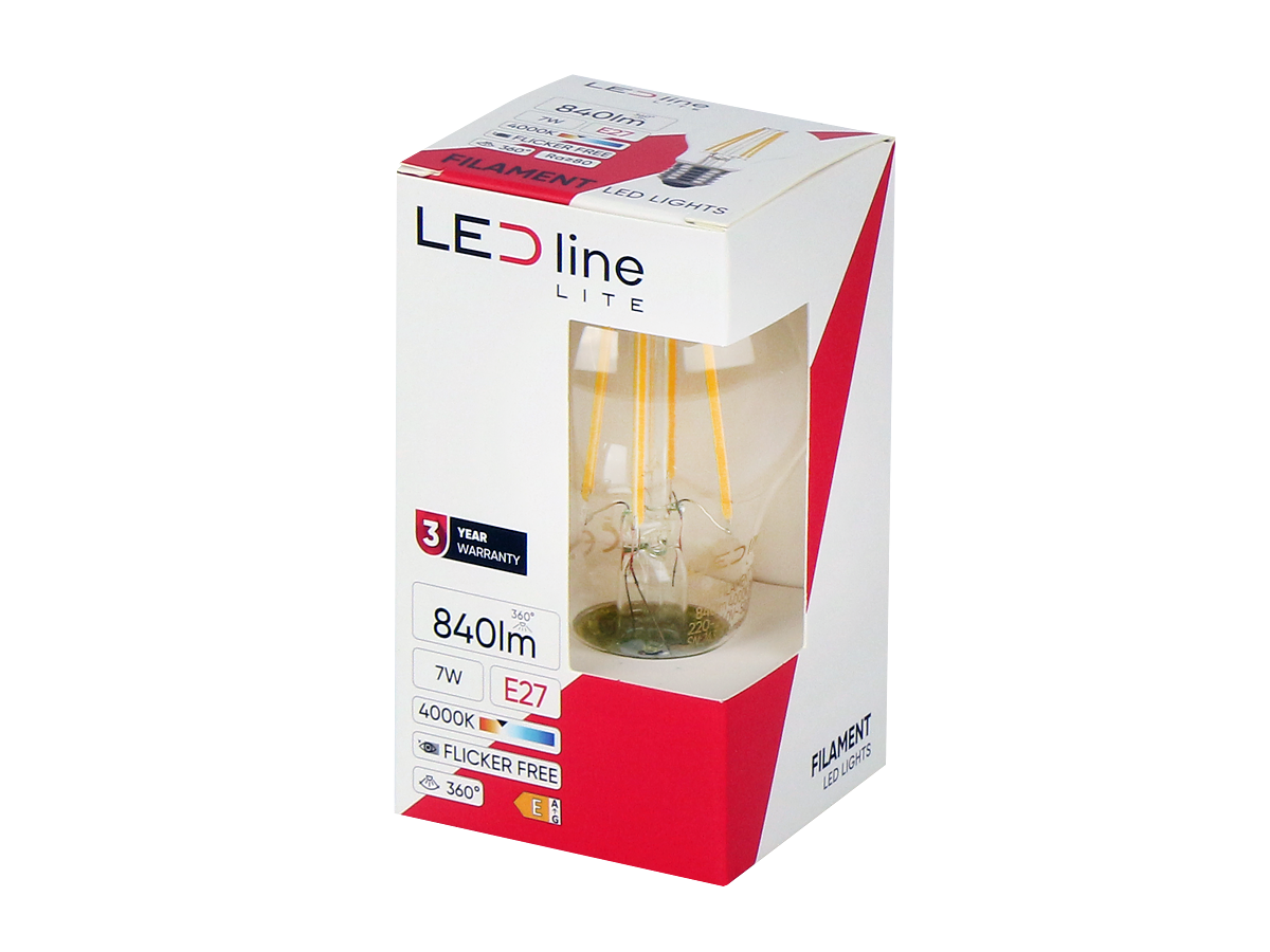 LED-lamp E27 4000K 7W 840lm 230V 360° FILAMENT A60 Glas LITE