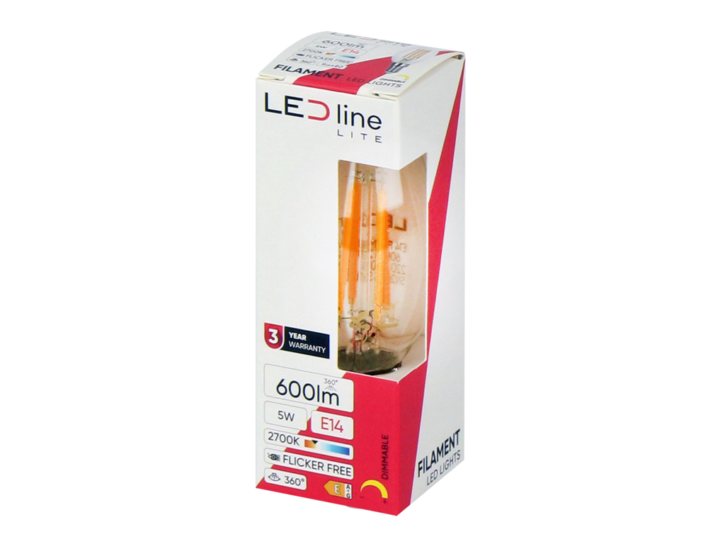 LED-lamp E14 2700K 5W 600lm 230V 360 ° FILAMENT C35 DIM Glass LITE
