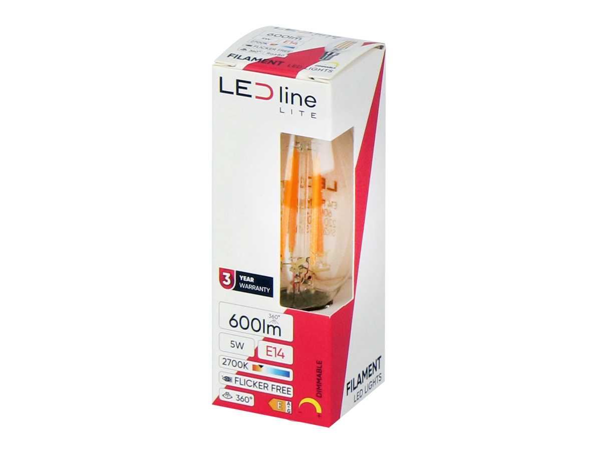 LED-lamp E14 2700K 5W 600lm 230V 360 ° FILAMENT C35 DIM Glass LITE