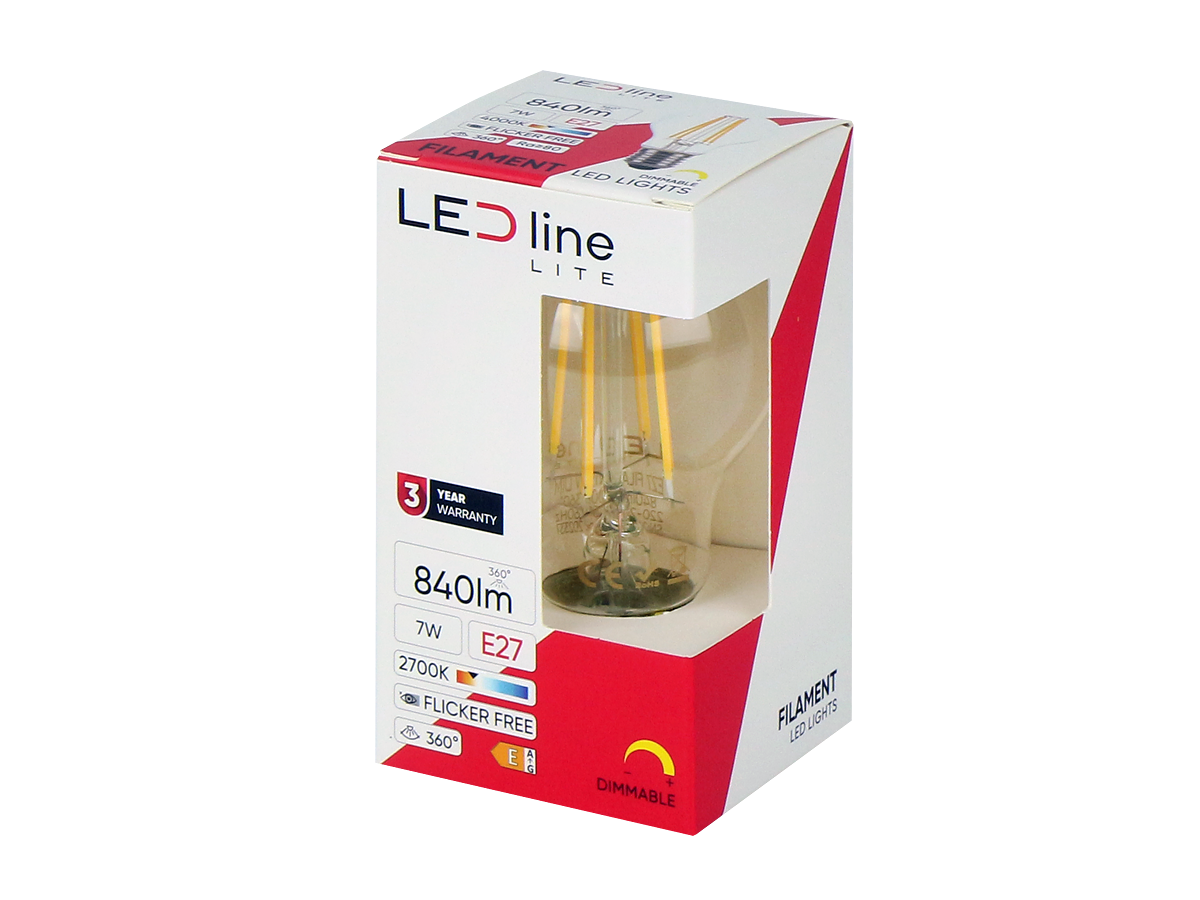 LED-lamp E27 2700K 7W 840lm 230V 360 ° FILAMENT A60 SIM Glass LITE