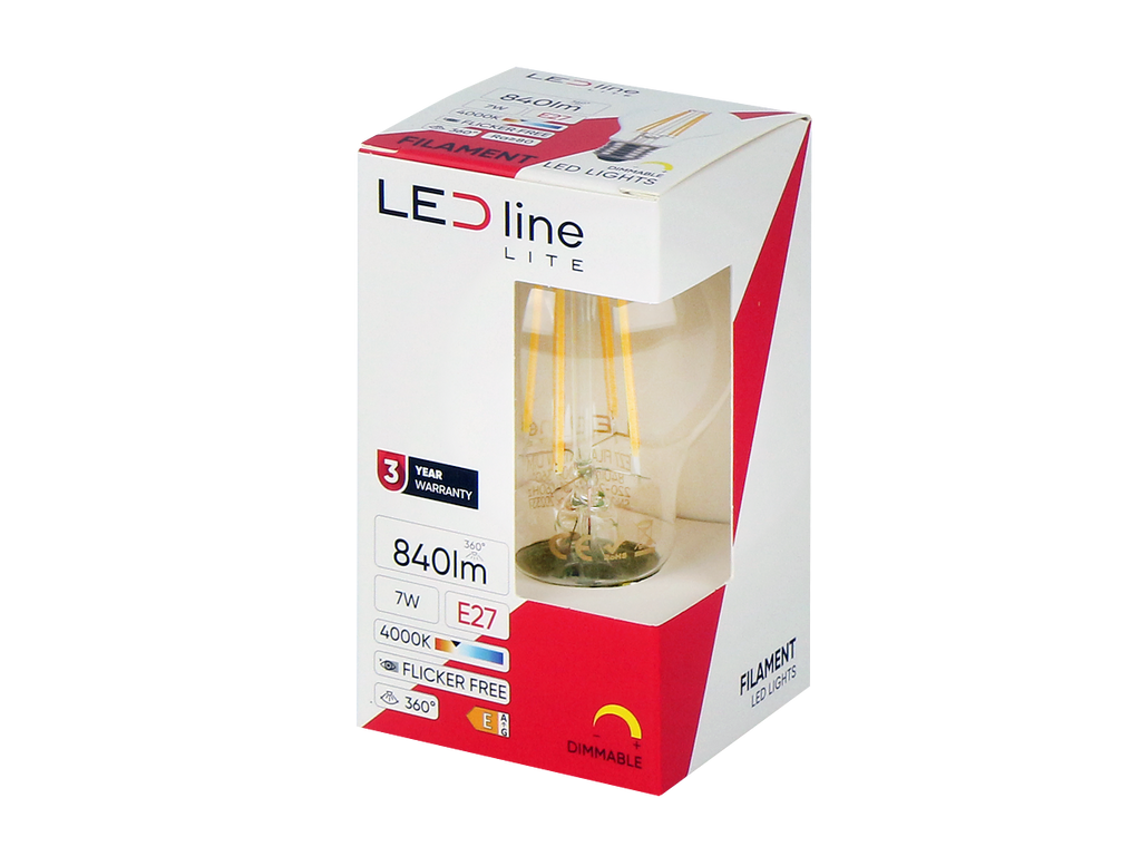 LED-lamp E27 4000K 7W 840lm 230V 360 ° FILAMENT A60 SIM Glass LITE