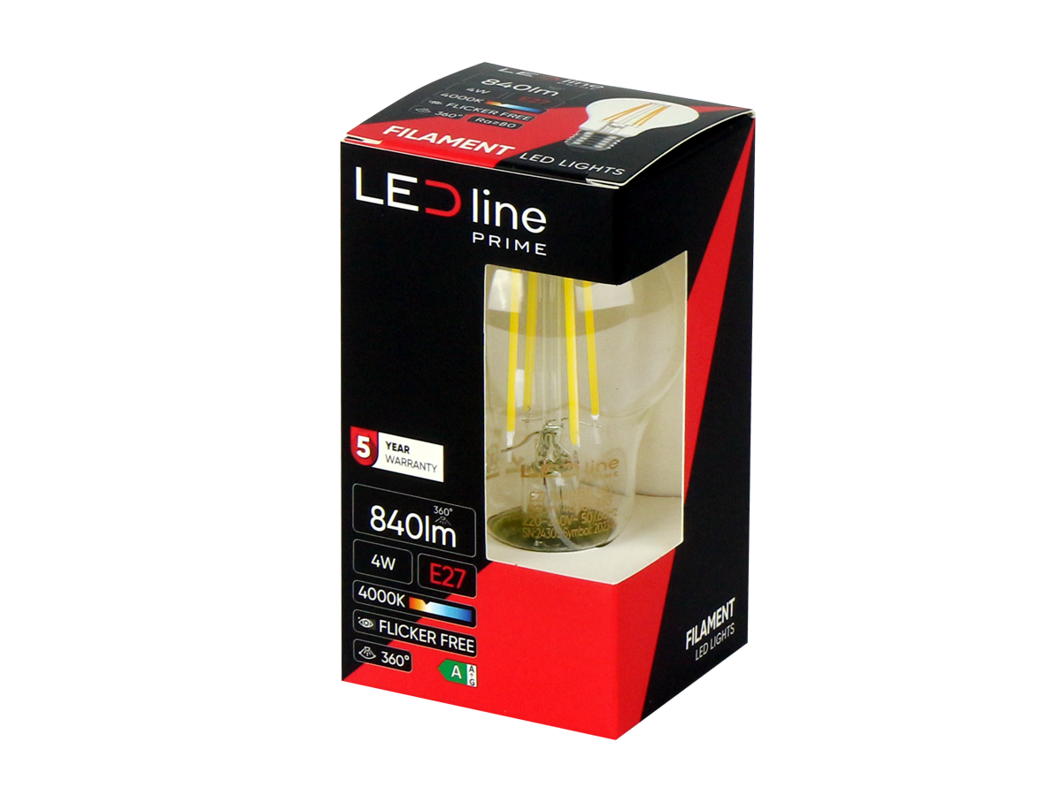 LED-lamp E27 4000K 4W 840lm 230V 360° FILAMENT A60 Glas PRIME