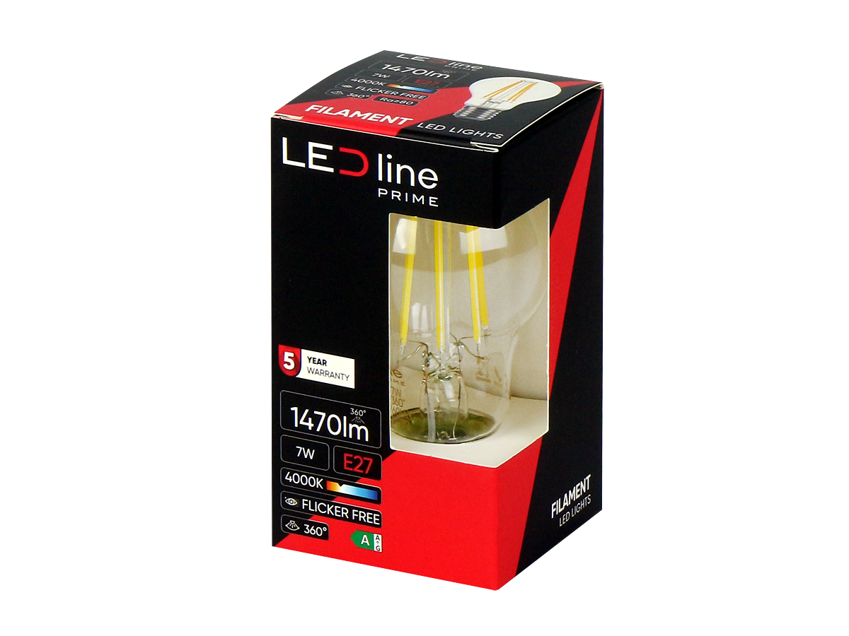 LED-lamp E27 4000K 7W 1470lm 230V 360° FILAMENT A60 Glas PRIME
