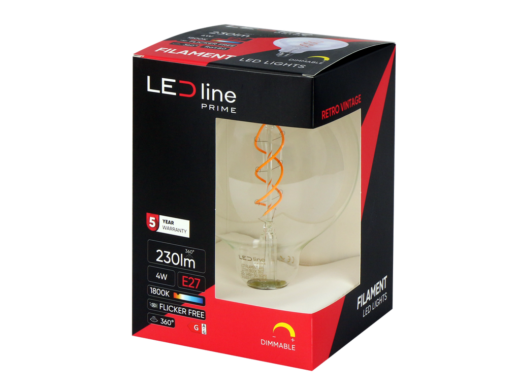 LED-lamp E27 1800K 4W 230lm 230V 360 ° FILAMENT G125 DIM Glazen prime