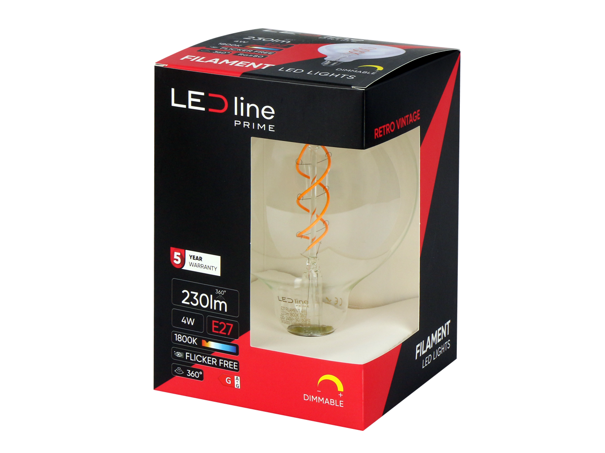 LED-lamp E27 1800K 4W 230lm 230V 360 ° FILAMENT G125 DIM Glazen prime