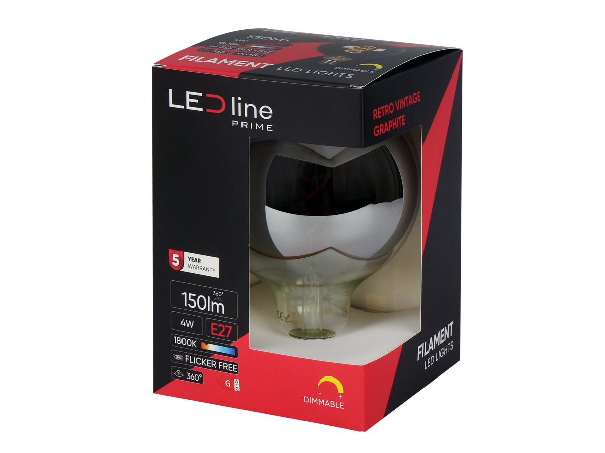 LED-lamp E27 1800K 4W 150lm 230V 360 ° FILAMENT G125 DIM Grafietglas PRIME