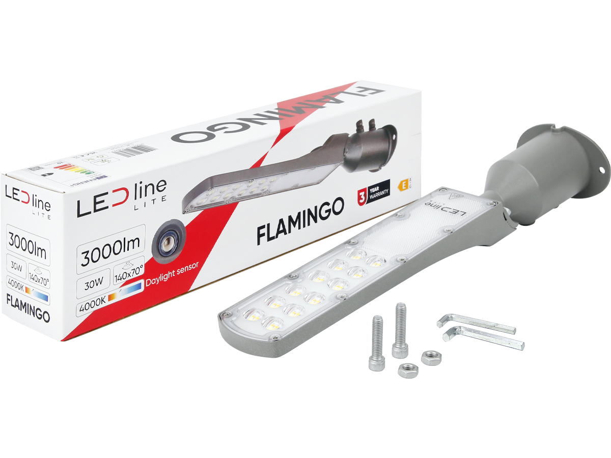 Wegverlichting Armatuur FLAMINGO 4000K 30W 3000lm IP65 grijs LITE schemeringssensor