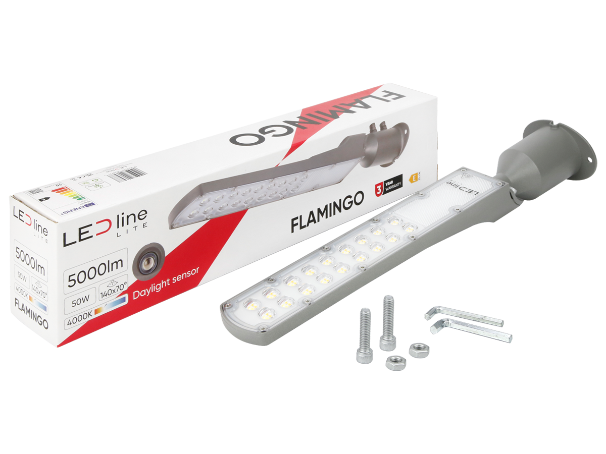 Wegverlichting Armatuur FLAMINGO 4000K 50W 5000lm IP65 grijs LITE schemeringssensor