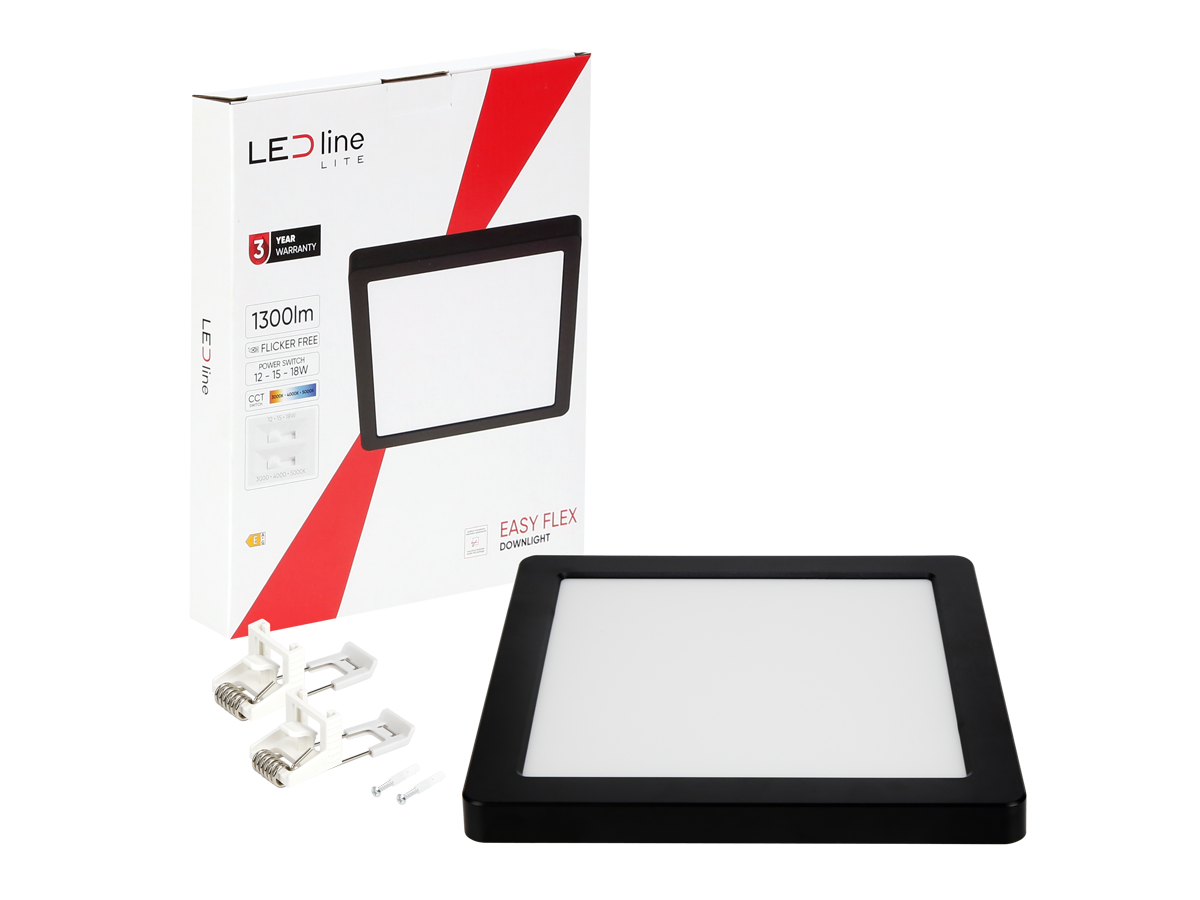 Downlight EASY FLEX 3CCT(3K/4K/5K) 12/15/18W 1440lm vierkant IP20 zwart LITE