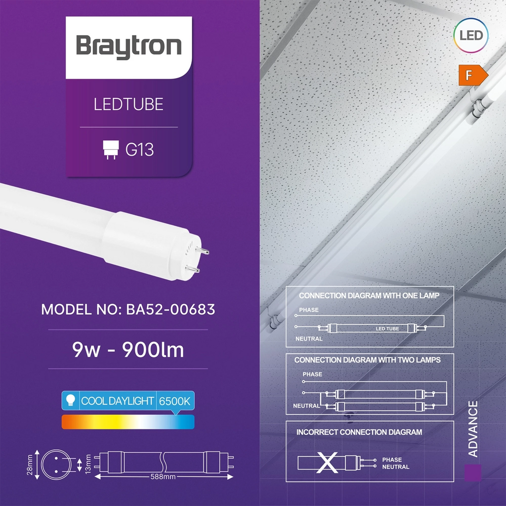 Braytron Advance LED Buis 9W G13 6500K DB T8 GLS
