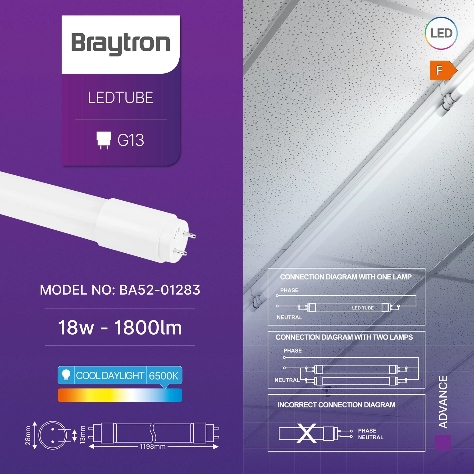 Braytron Advance LED Buis 18W G13 6500K DB T8 GLS