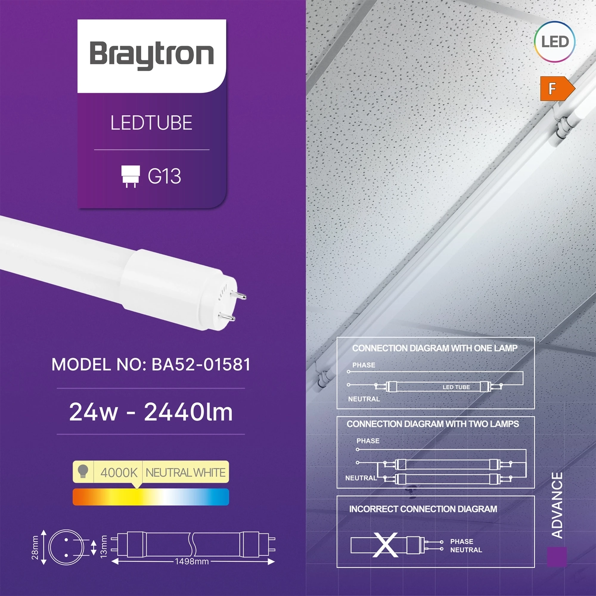 Braytron Advance LED Buis 24W G13 4000K DB T8 GLS