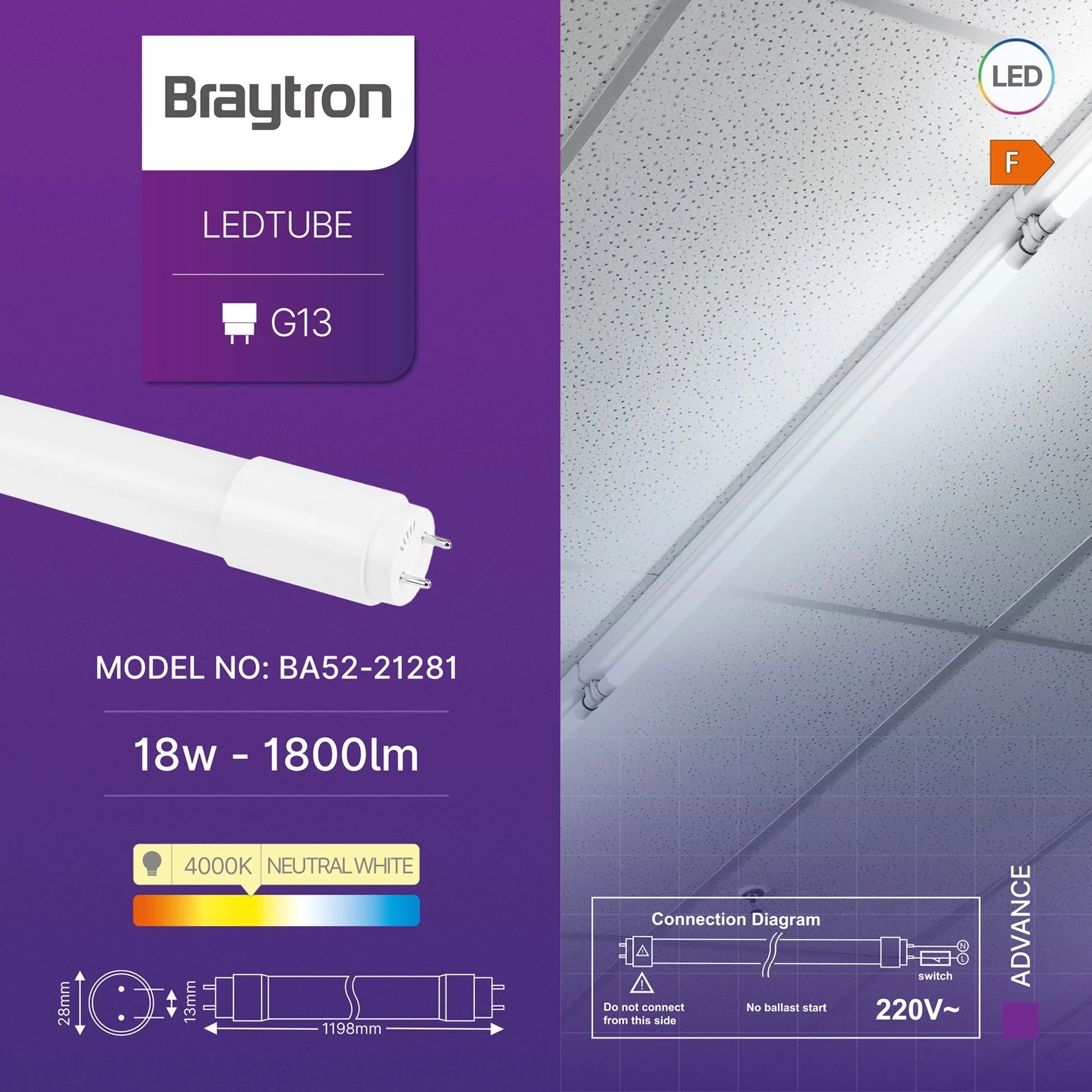Braytron Advance LED Buis 18W G13 4000K SG T8 GLS