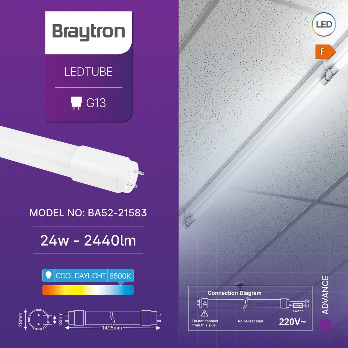 Braytron Advance LED Buis 24W G13 6500K SG T8 GLS