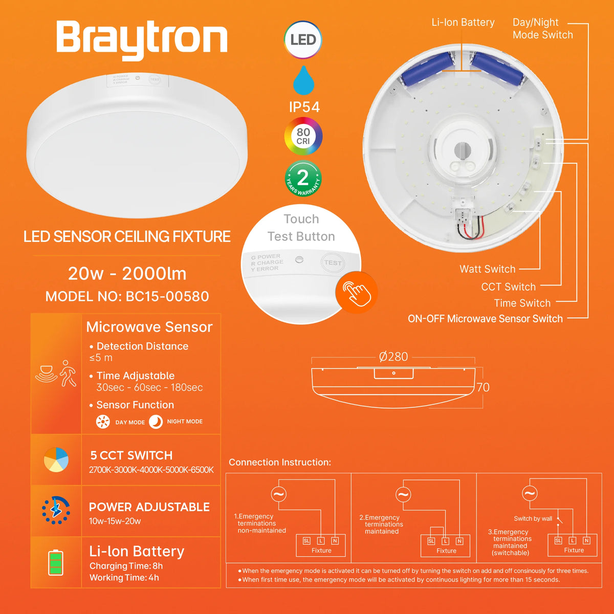 Braytron Grande Plafondlamp 20W IP54 RND 5IN1 SNS KIT
