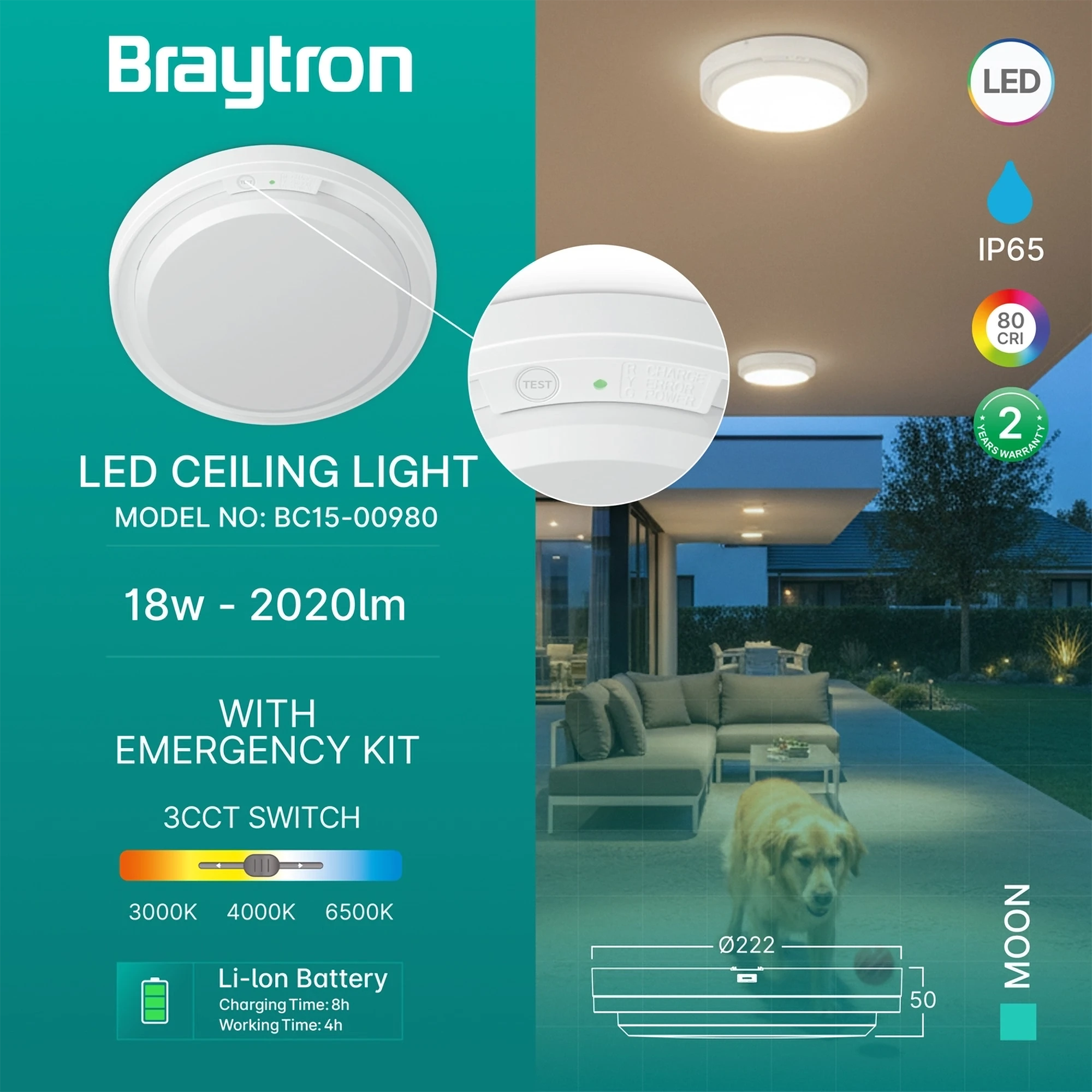 Braytron Moon Plafondlamp 18W IP65 3IN1 KIT