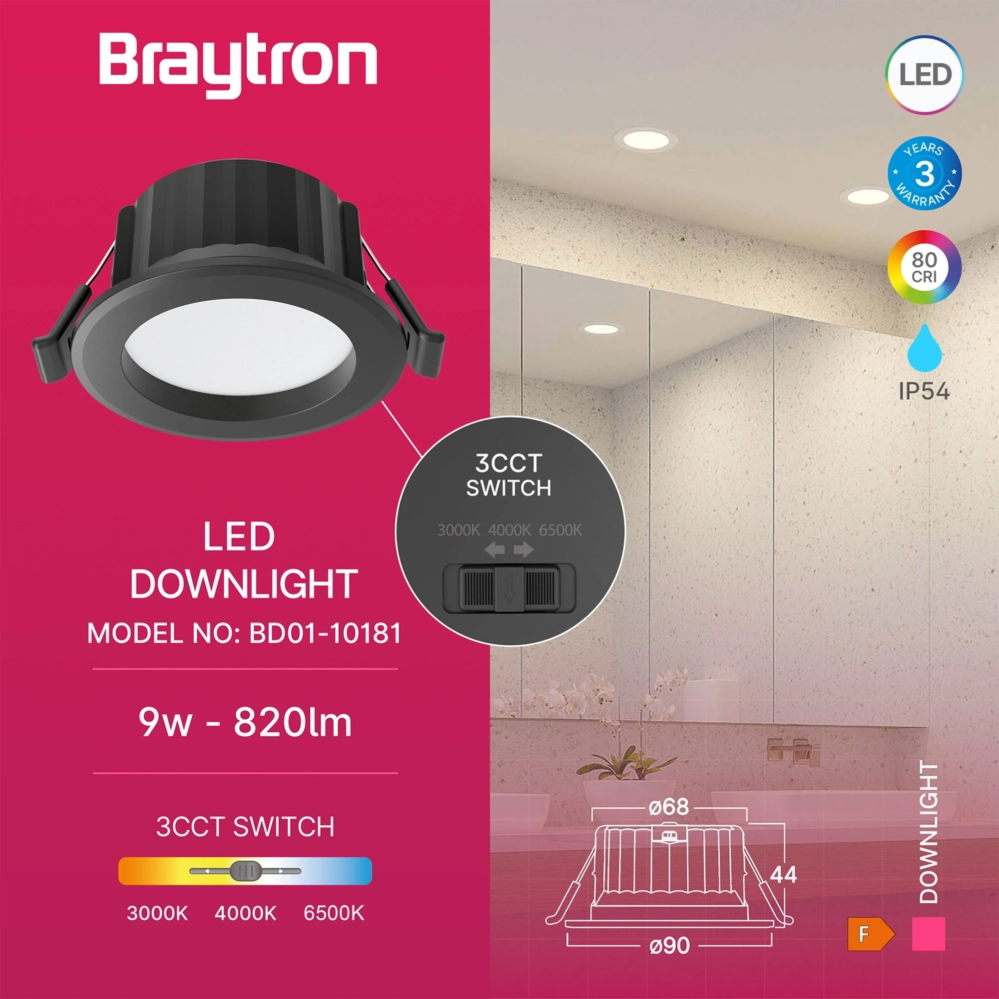 Braytron Downlight D90 Downlight 9W IP54 Zwart RND 3IN1