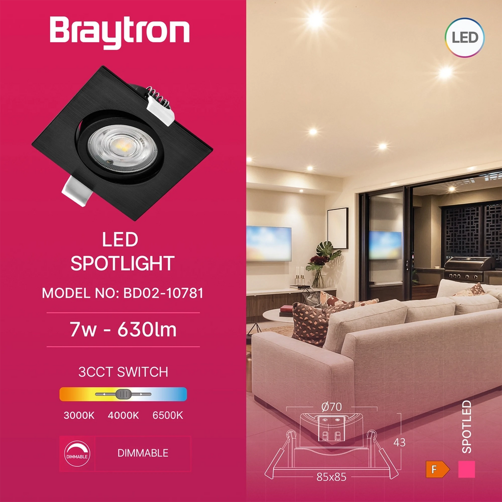 Braytron Spotled G3 LED Spot 7W Zwart SQR 3IN1