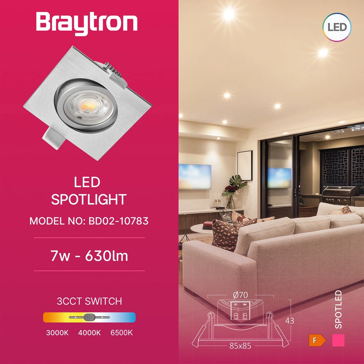 Braytron Spotled G3 LED Spot 7W Zilver SQR 3IN1