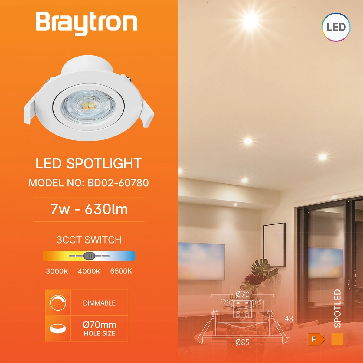 Braytron Spotled G3 LED Spot 7W Wit RND 3IN1 DIM